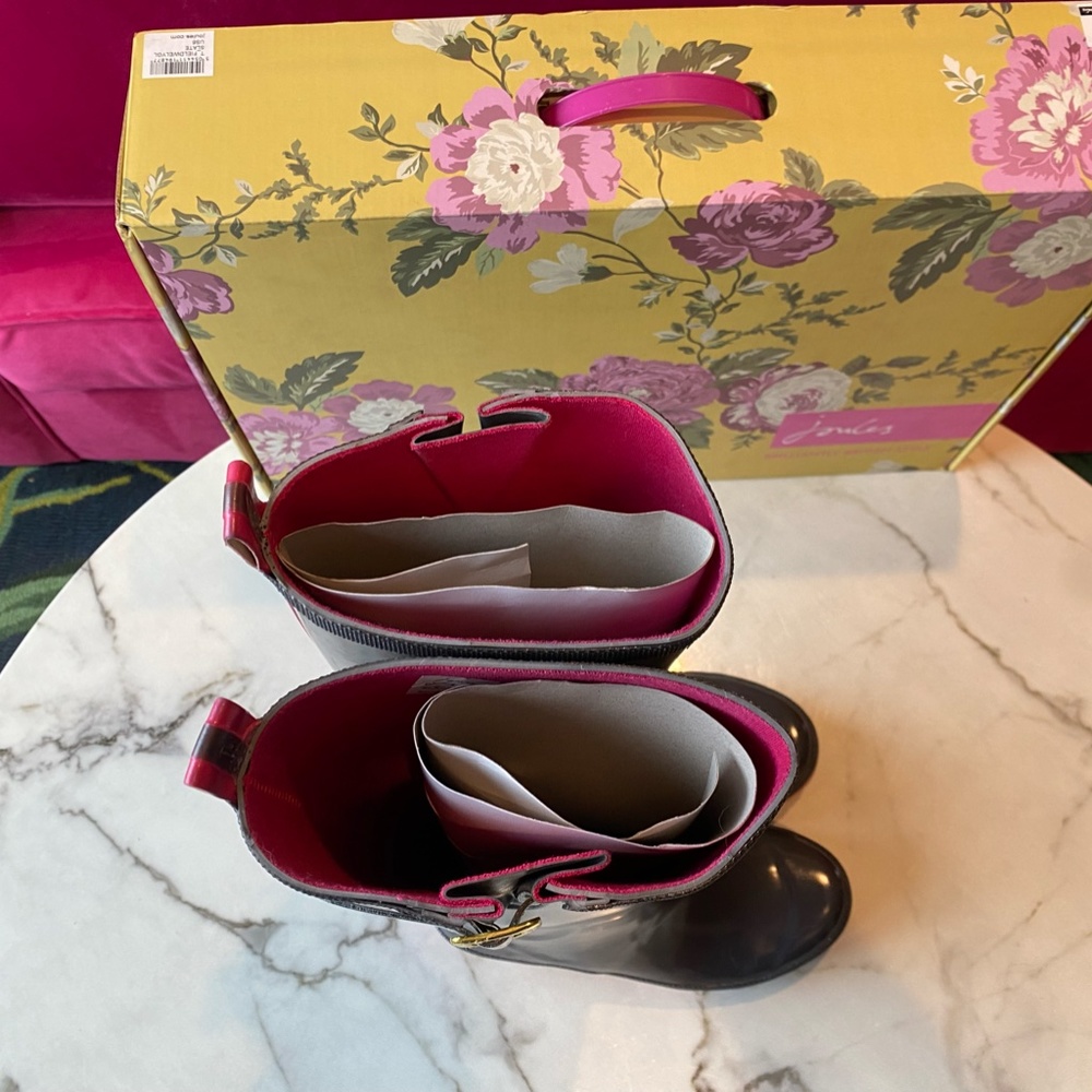 Joules Kelly Welly Rain boots slate gray with Pink SZ 6 - Picture 11 of 16
